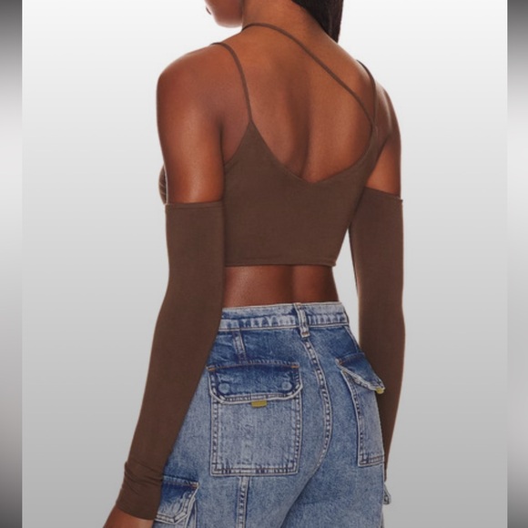 superdown Chocolate Brown Crop Top Asymmetrical Long Sleeve Cut Out - Picture 2 of 3